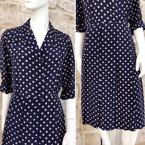Timeless Vintage 1960s Blue Polka Dot Shirt Dress with Pleated Skirt Classic - Picture 2 of 16